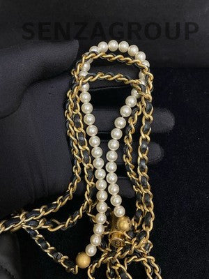 Chanel 21K Black Pearl Gold Chain Phone Bag Crossbody Women's Quilted