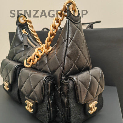 Chanel Quilted Black Gold Hobo Chain Shoulder Bag Small