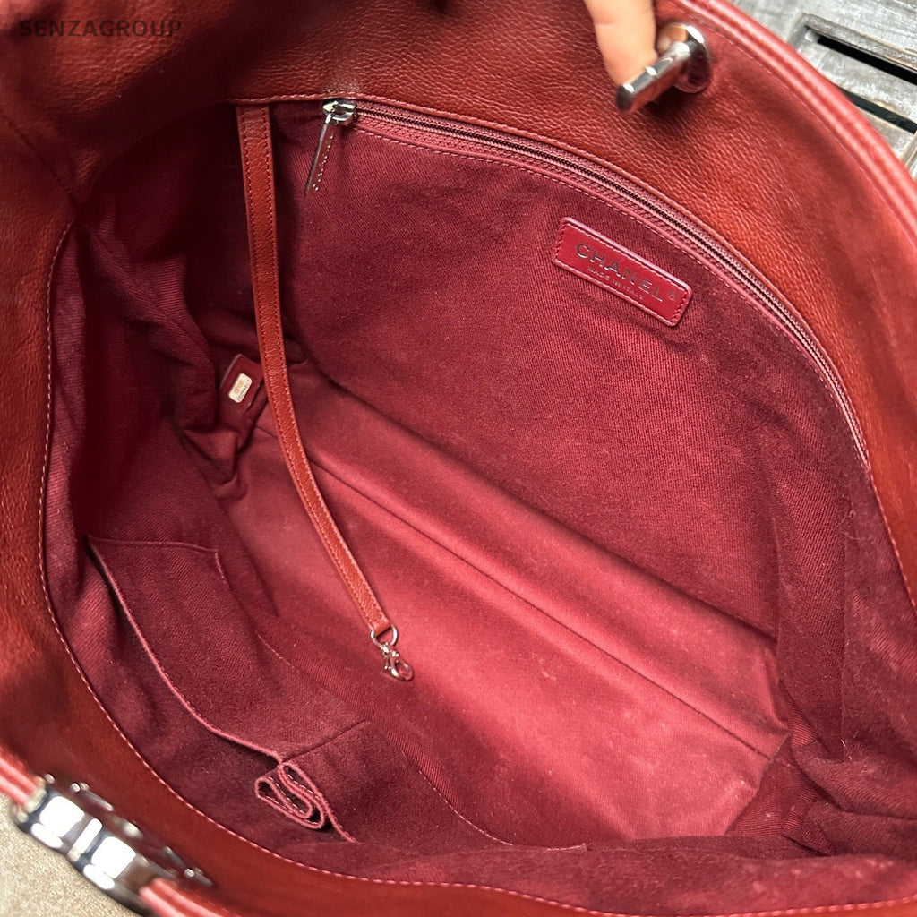 Chanel Diamond Hobo Calfskin Shoulder Bag Red Silver Used Women Classic
