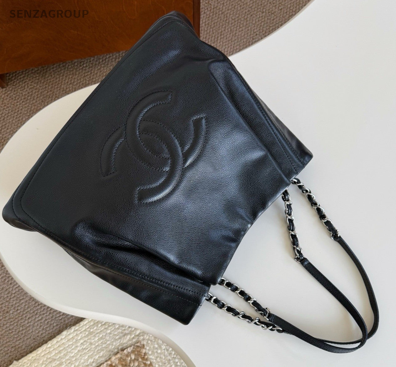 CHANEL CC Logo Relief sculpture Tote Calfskin Shoulder bag Women Black Silver