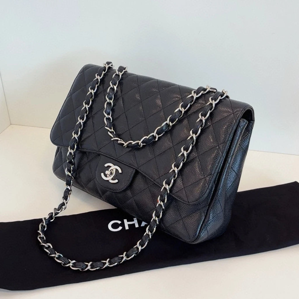 Chanel Classic Flap Jumbo Chain Shoulder Crossbody Black Silver Women Diamond