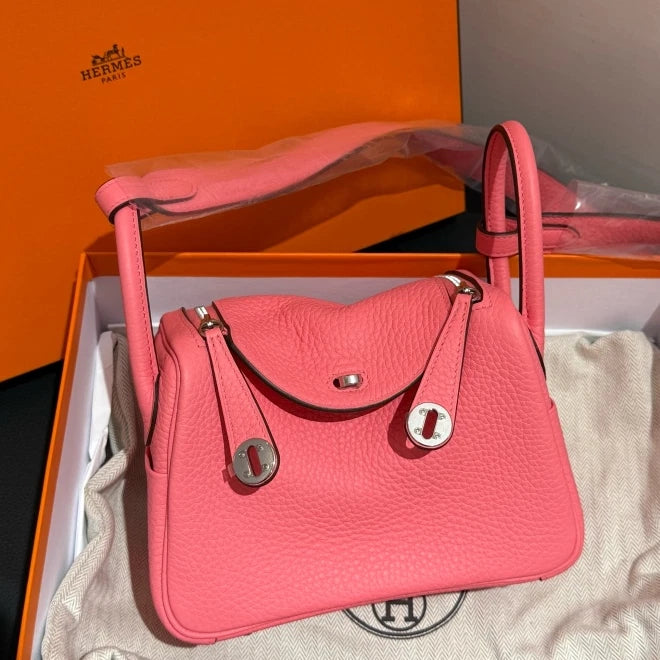 Hermes Lindy Mini Top Handle Shoulder Bag Pink Silver Women Classic D