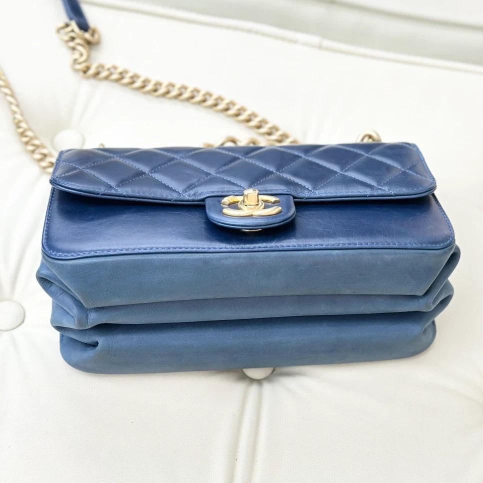 Chanel Diamond PM Chain Top Handle Bag Crossbody Navy Gold Women Classic S