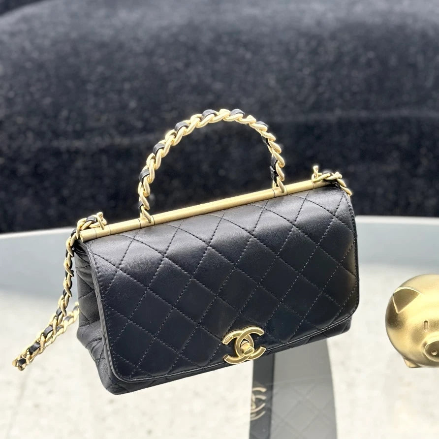 Chanel Lambskin Chain Top Handle Crossbody Bag Black Gold Hardware Women S