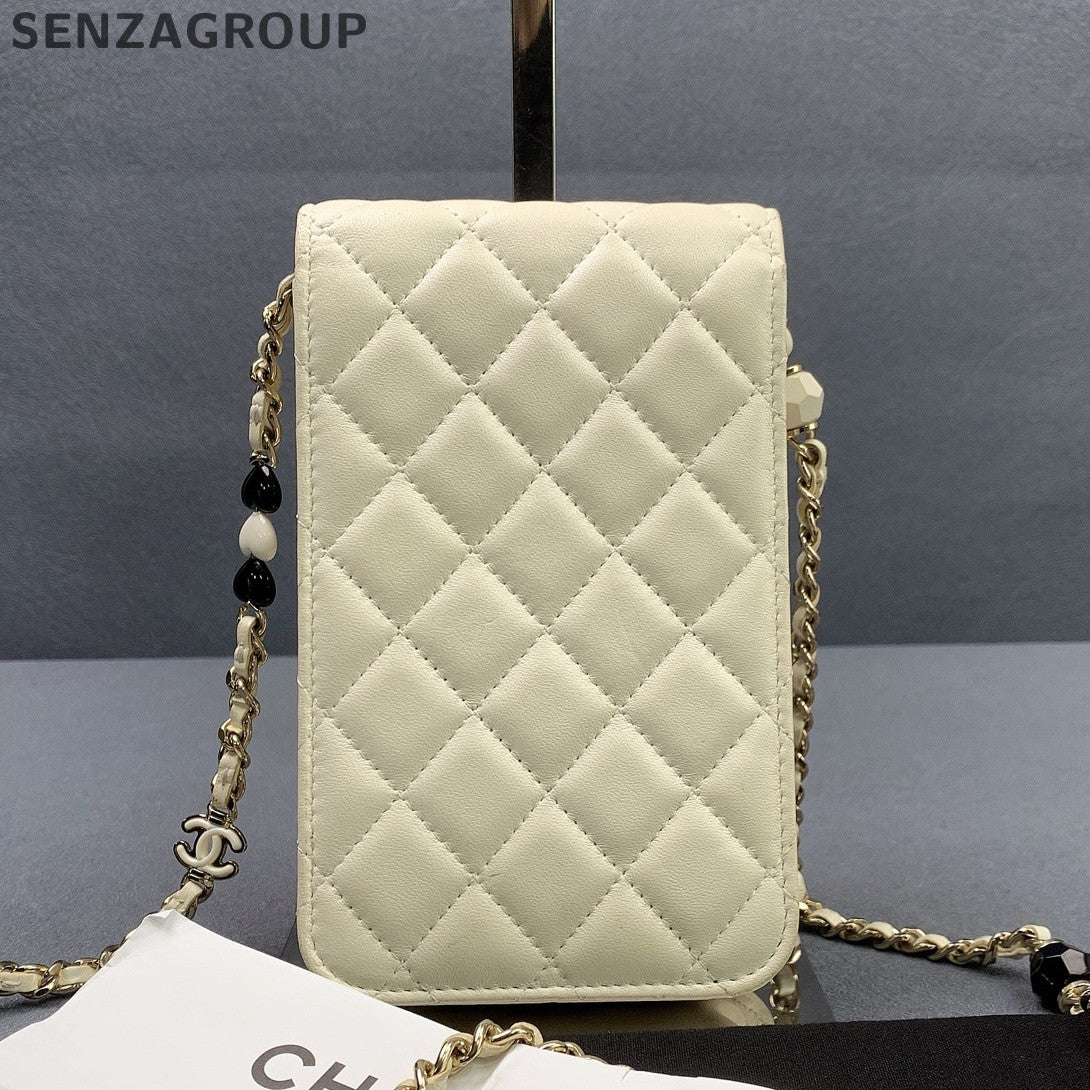 Chanel Lambskin Phone Chain Crossbody Bag White Gold Classic Fashion Women