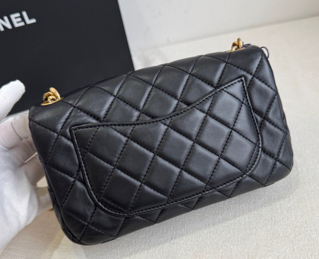 Chanel Diamond Mini Gemstone Chain Shoulder Bag Crossbody Black Gold Women