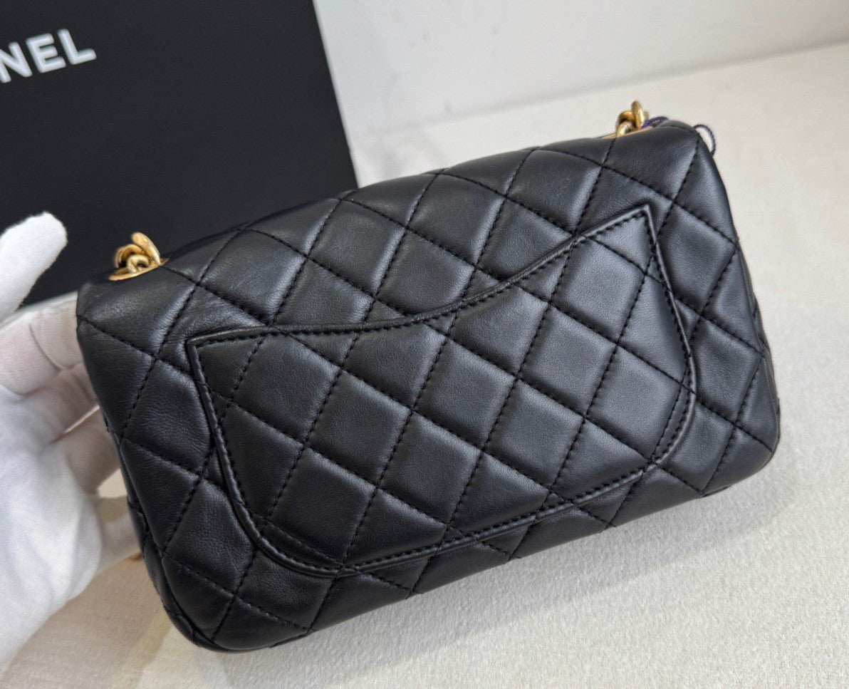 Chanel Diamond Mini Gemstone Chain Shoulder Bag Crossbody Black Gold Women