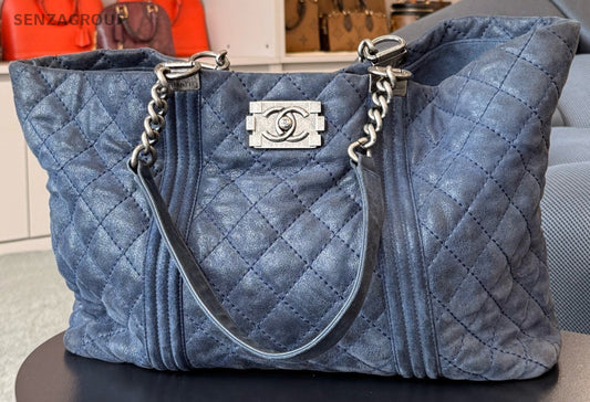 Chanel Leboy Tote Shoulder Bag Blue Silver Diamond Women Classic Designer