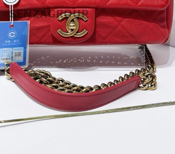 Chanel Classic Flap Calfskin Top Handle Shoulder Bag Red Gold Women Vintage