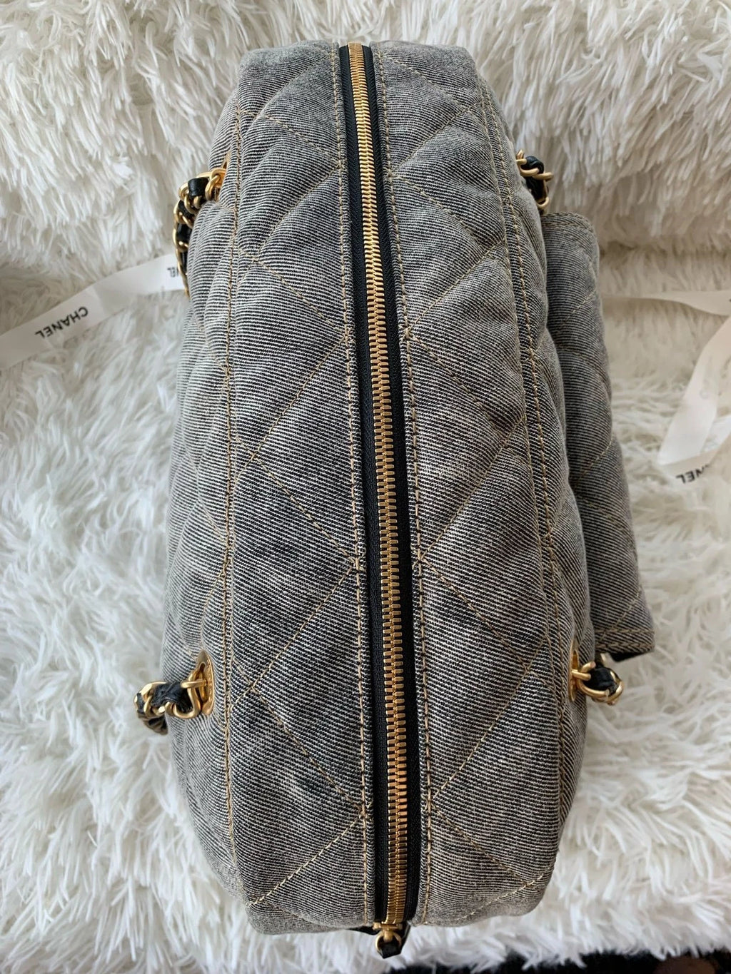 Chanel Distressed Grey Denim Maxi Bowling Bag For Women