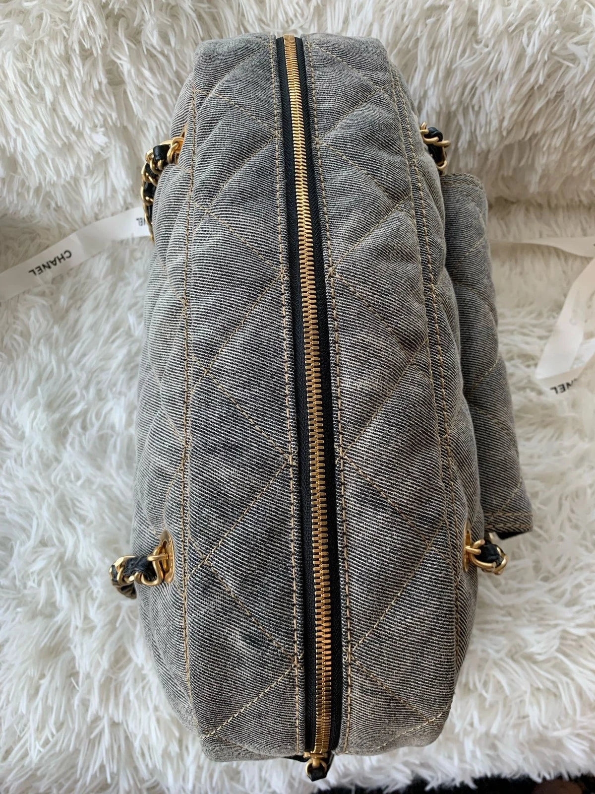 Chanel Distressed Grey Denim Maxi Bowling Bag For Women