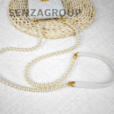 Chanel White Pearl Chain Shoulder Bag Quilted Gold Hardware