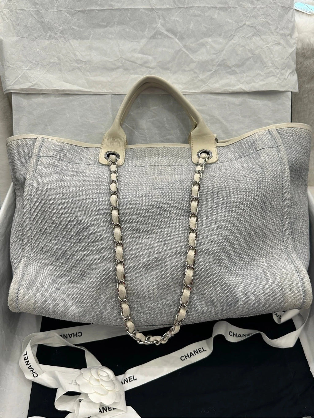 CHANEL Light Blue White Canvas Beach Tote Bag for Women