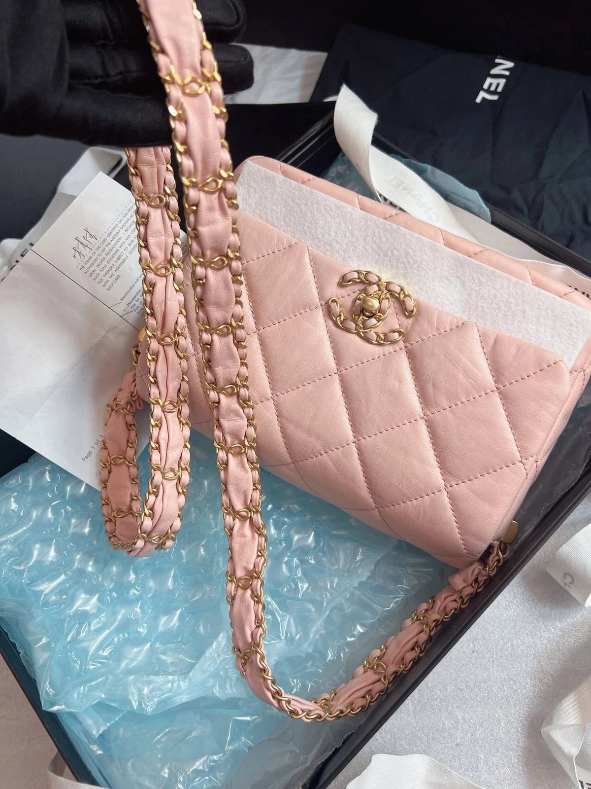 Chanel Diamond Calfskin Chain Shoulder Bag Pink Gold Used Women Classic