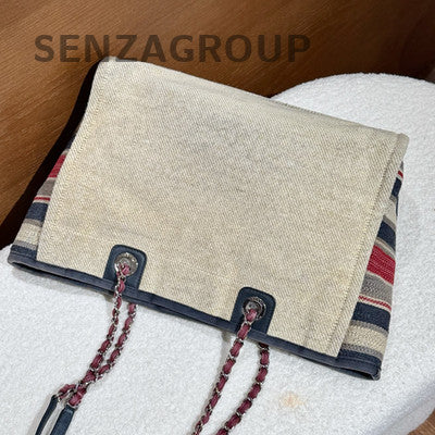 Chanel Beige Striped Tote Beach Bag Chain Strap Shoulder Bag Women