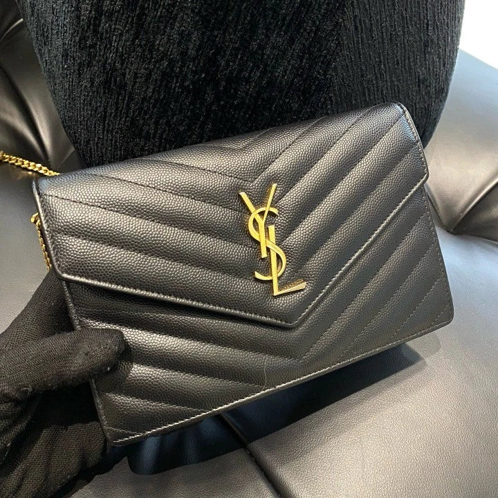 Saint Laurent Envelope PM Chain Shoulder Bag Crossbody Black Gold Women D