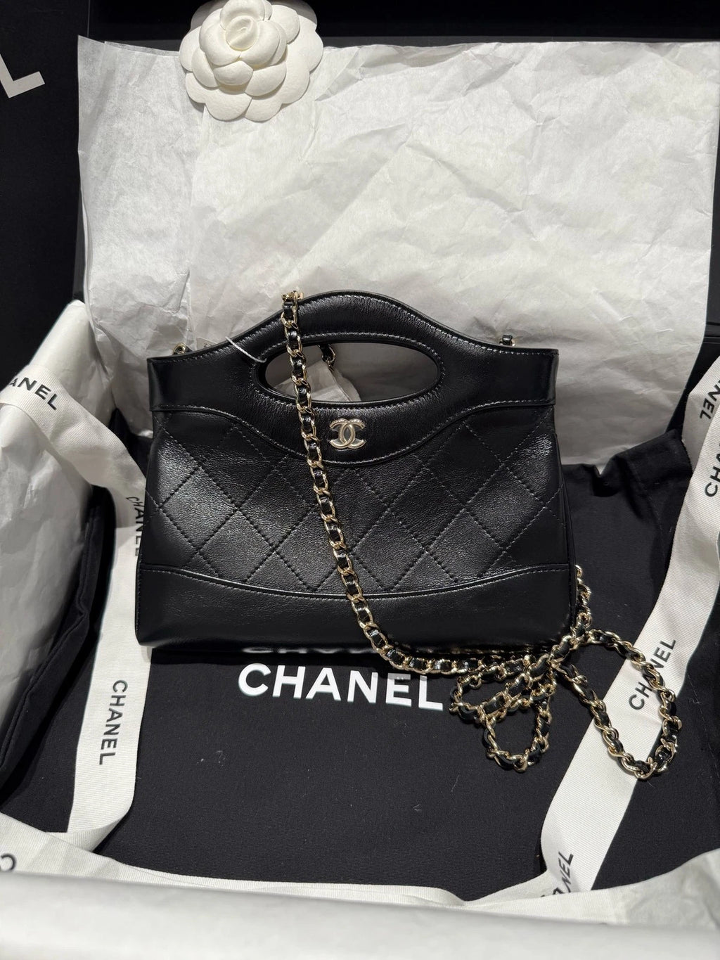 CHANEL Nano 31 Bag Black Gold Leather Tote Bag For Women