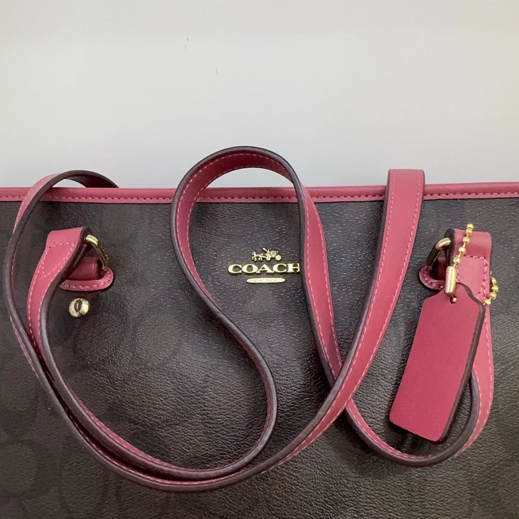 COACH Classic Monogram Canvas Leather Zip Top Tote Shoulder Bag For Women