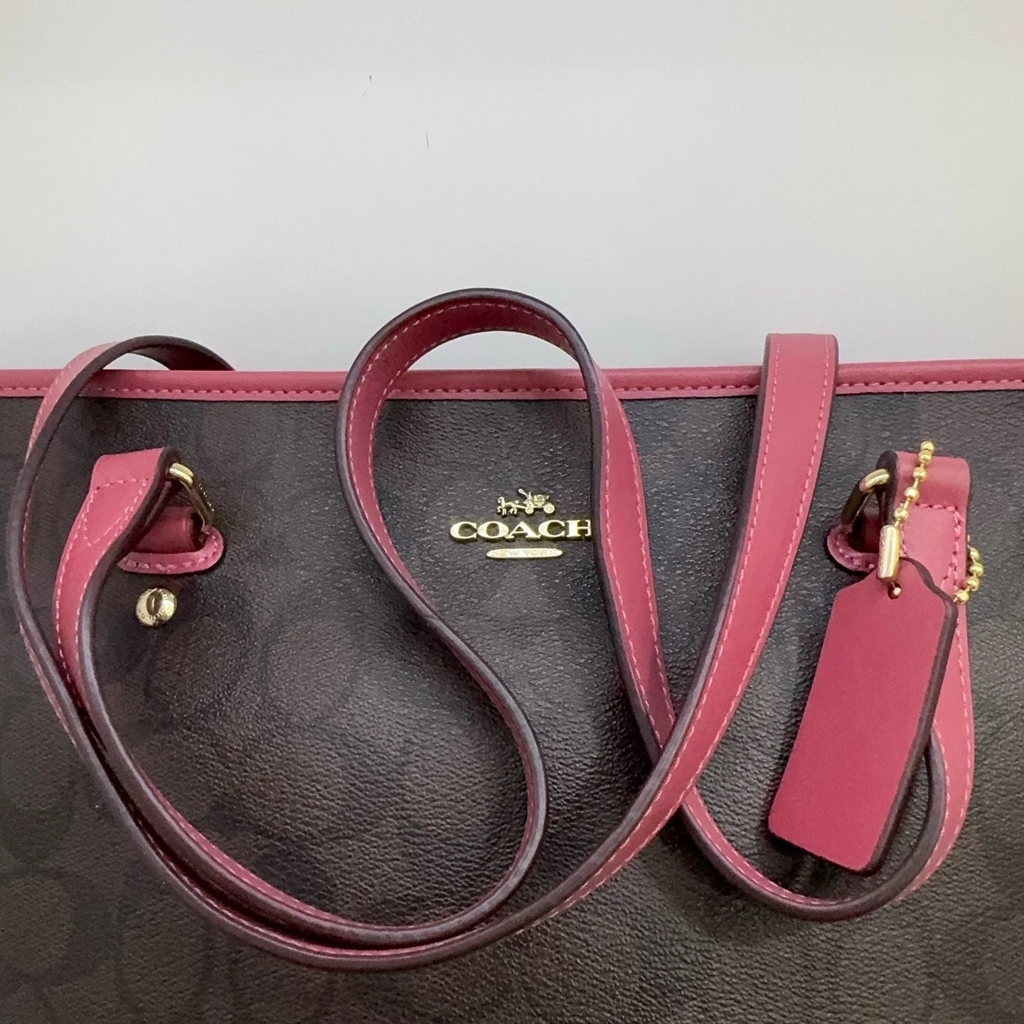 COACH Classic Monogram Canvas Leather Zip Top Tote Shoulder Bag For Women