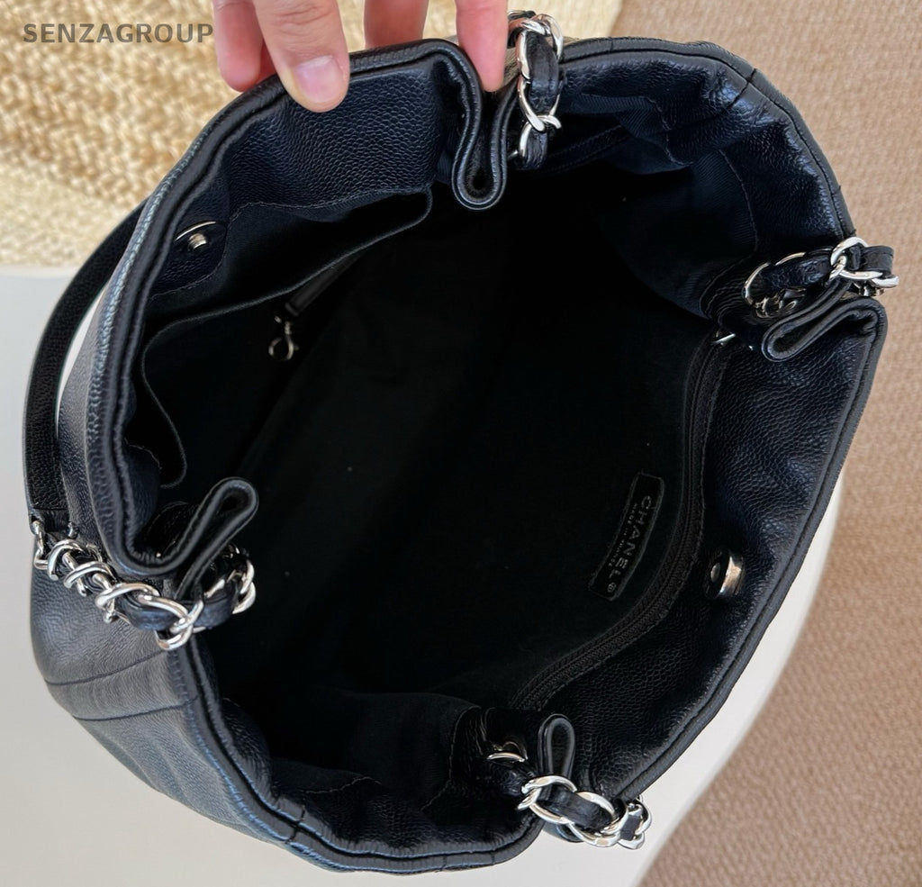 Chanel CC Logo Tote Calfskin Shoulder Bag Black Silver Used Women Classic