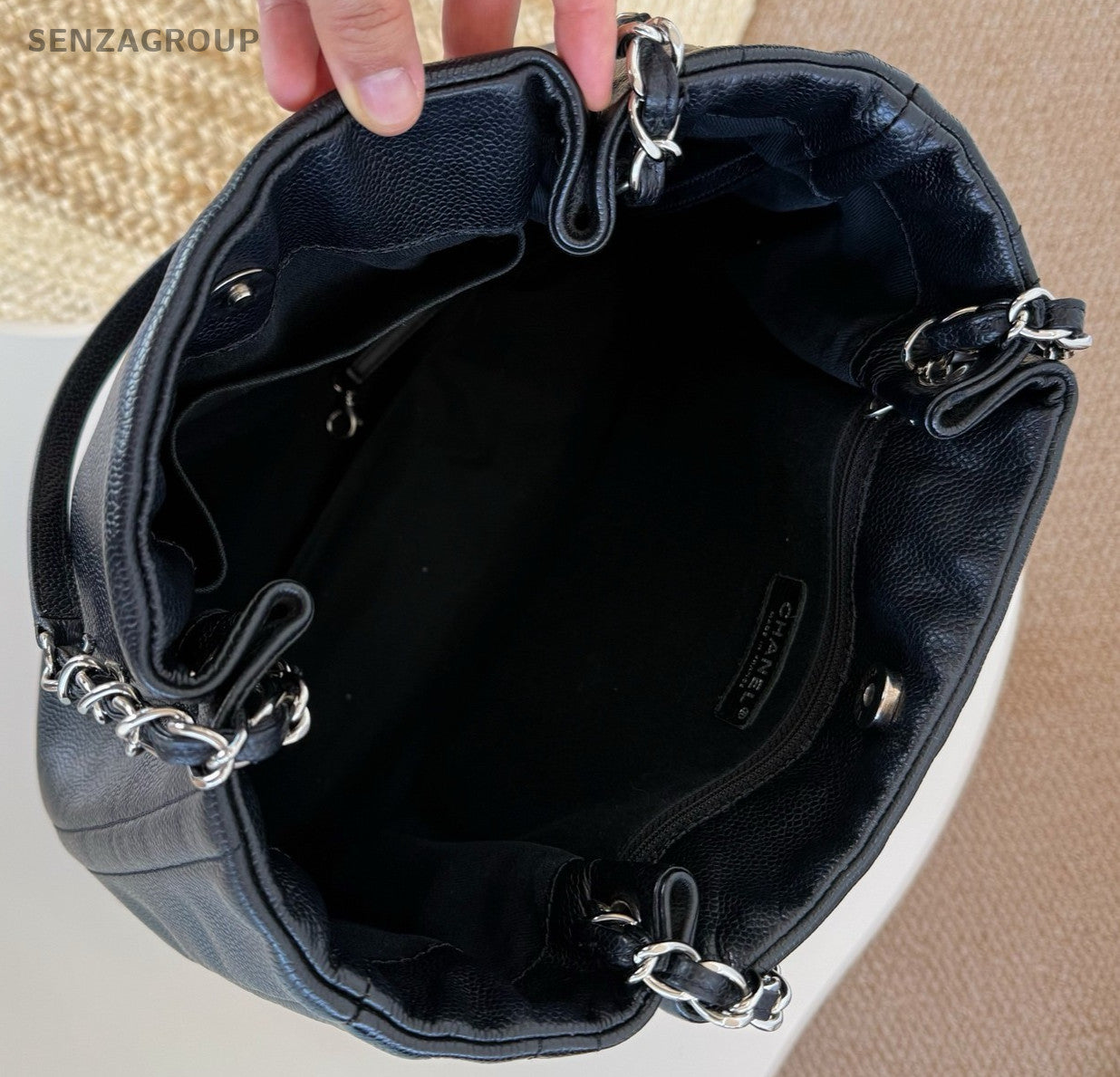 Chanel CC Logo Tote Calfskin Shoulder Bag Black Silver Used Women Classic