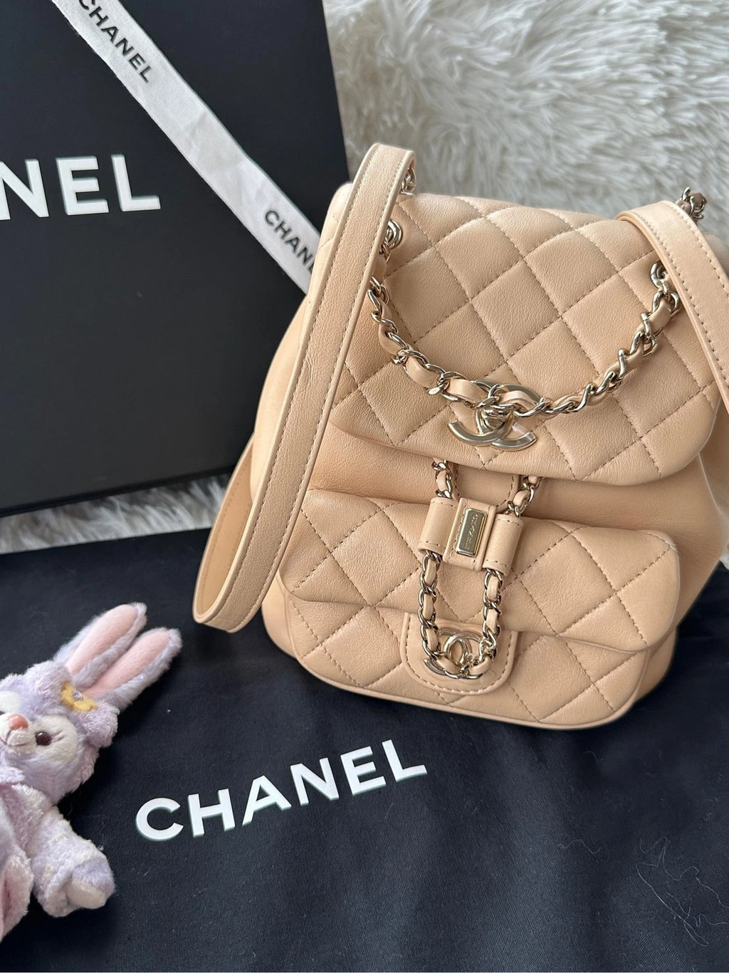 CHANEL Duma Small Calfskin Beige Gold Chain Backpack For Women