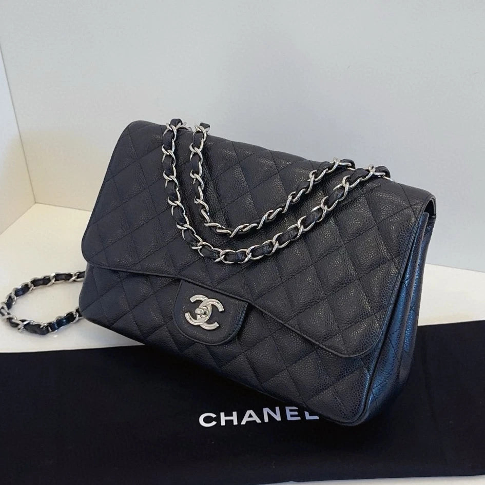 Chanel Classic Flap Jumbo Chain Shoulder Bag Crossbody Black Silver Women