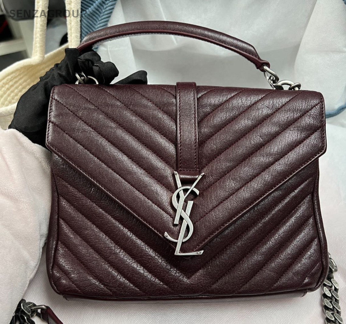 Saint Laurent College MM Calfskin Chain Shoulder Bag Red Silver Women Classic