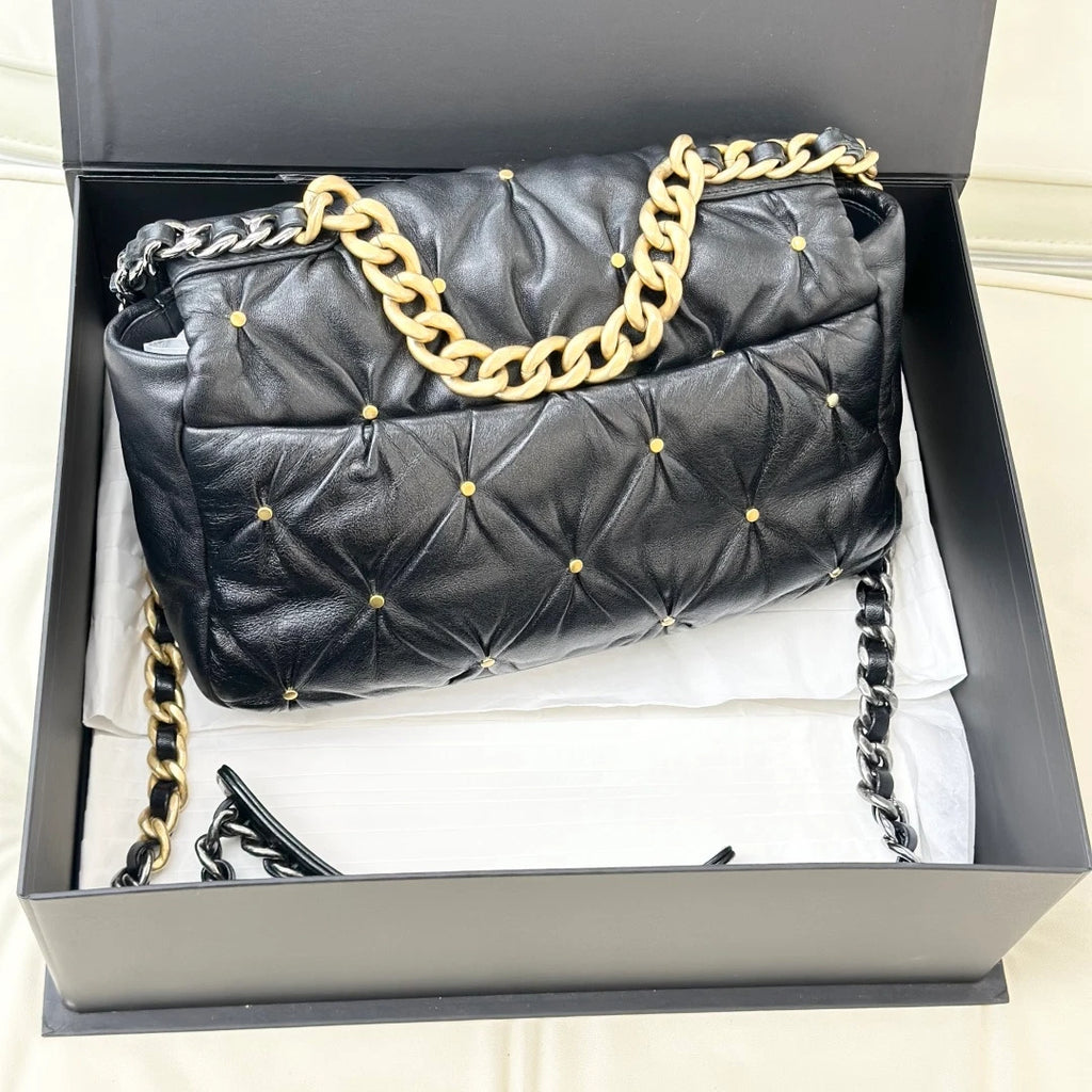 Excellent Chanel 19Bag PM Lambskin Chain Shoulder Crossbody Bag Black GHD