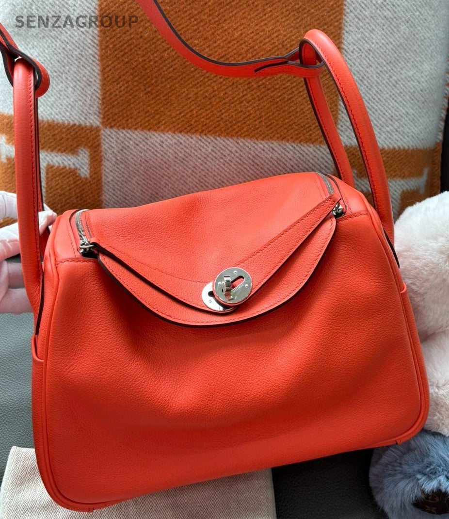 Hermes Lindy26 Shoulder Bag Orange Silver Used Women Classic Designer