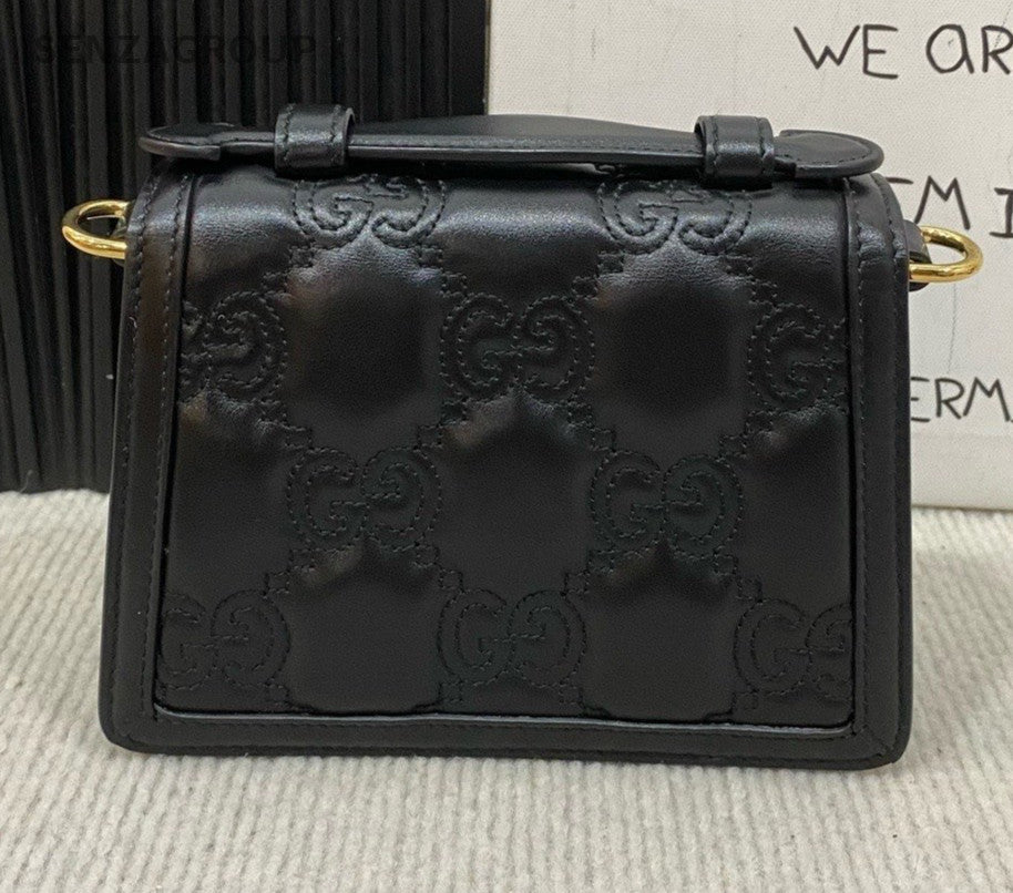 GUCCI Calfskin Chain 2Way Shoulder Bag Crossbody Black Gold Women Classic