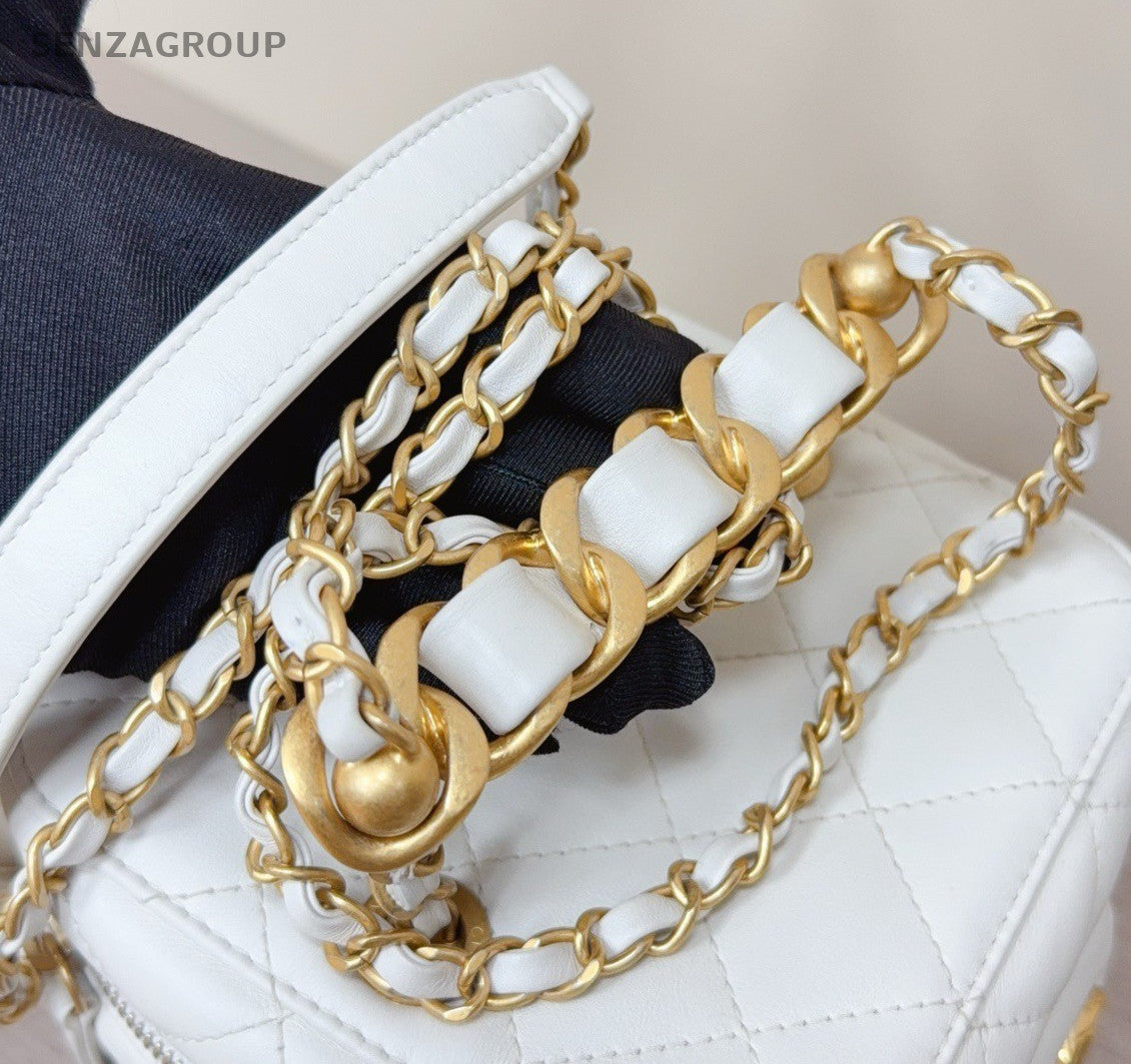 Chanel Diamond Chain Box Shoulder Bag Crossbody White Gold Women Classic