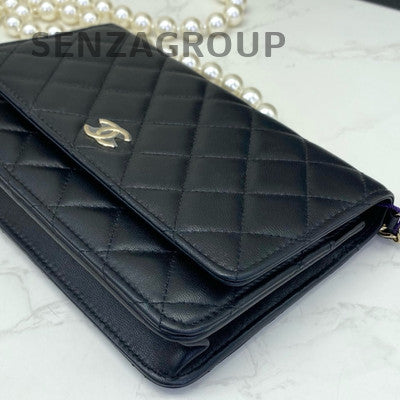 Chanel Quilted Black Silver Lambskin WOC Pearl Chain Crossbody Bag