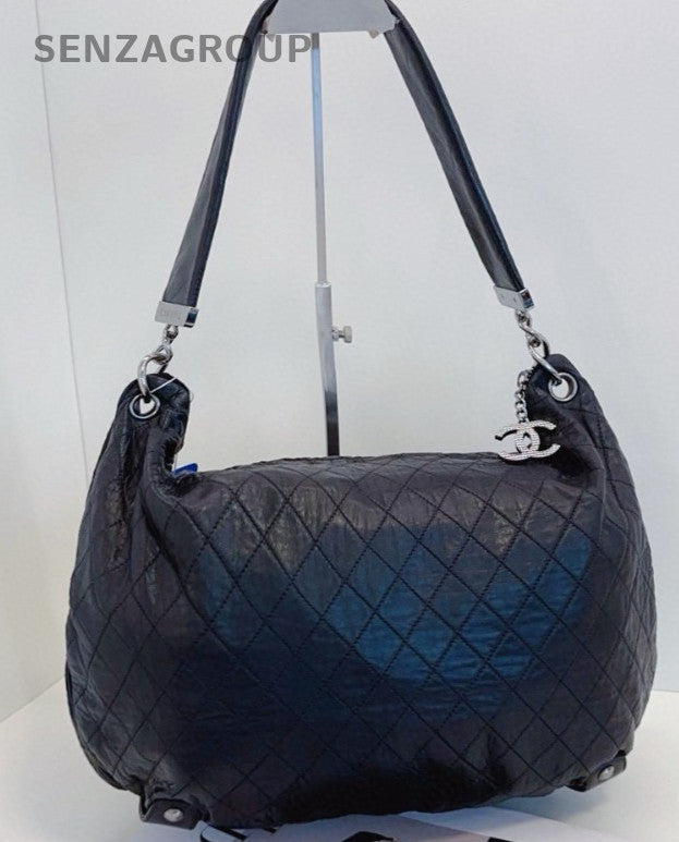 Chanel Hobo Diamond Pattern Chain Shoulder Bag Black Silver Women Classic