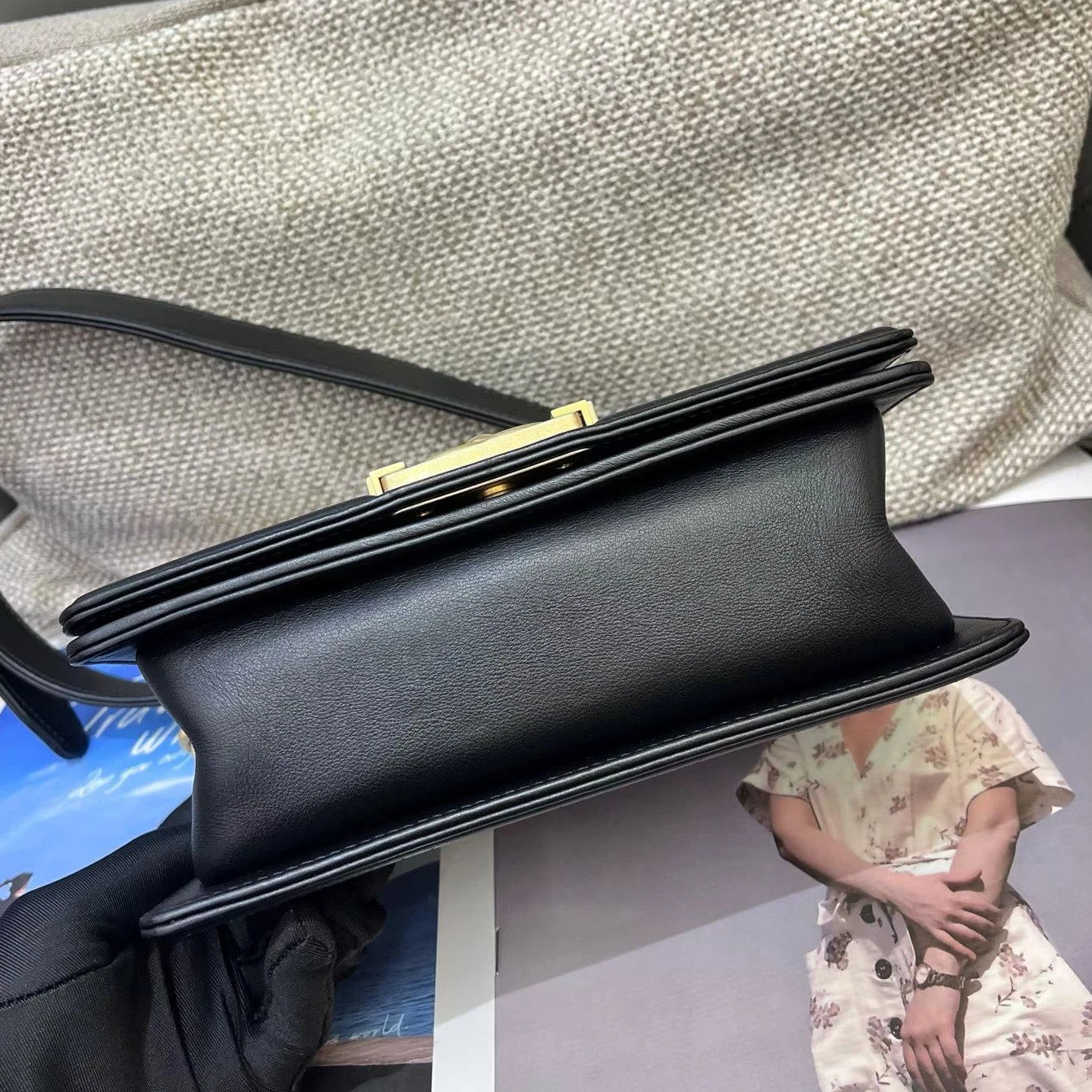 Chanel Leboy PM Calfskin Chain Shoulder Crossbody Black Gold Women Classic