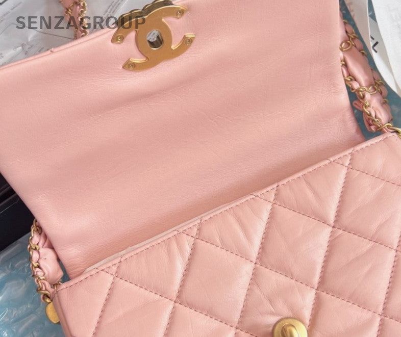 Chanel Calfskin Chain Shoulder Bag Pink Gold Used Women Classic Designer