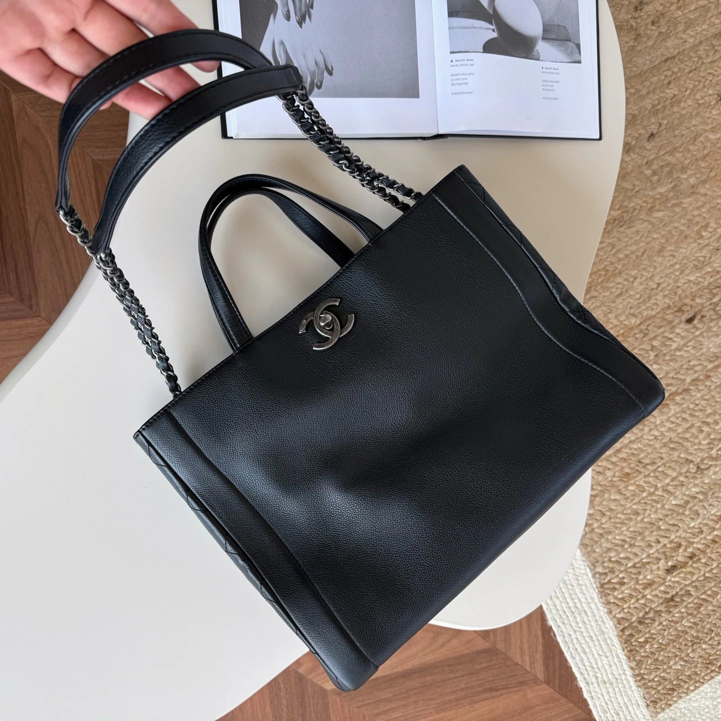 Chanel Diamond Tote Chain Top Handle Shoulder Bag Black Silver Women Classic