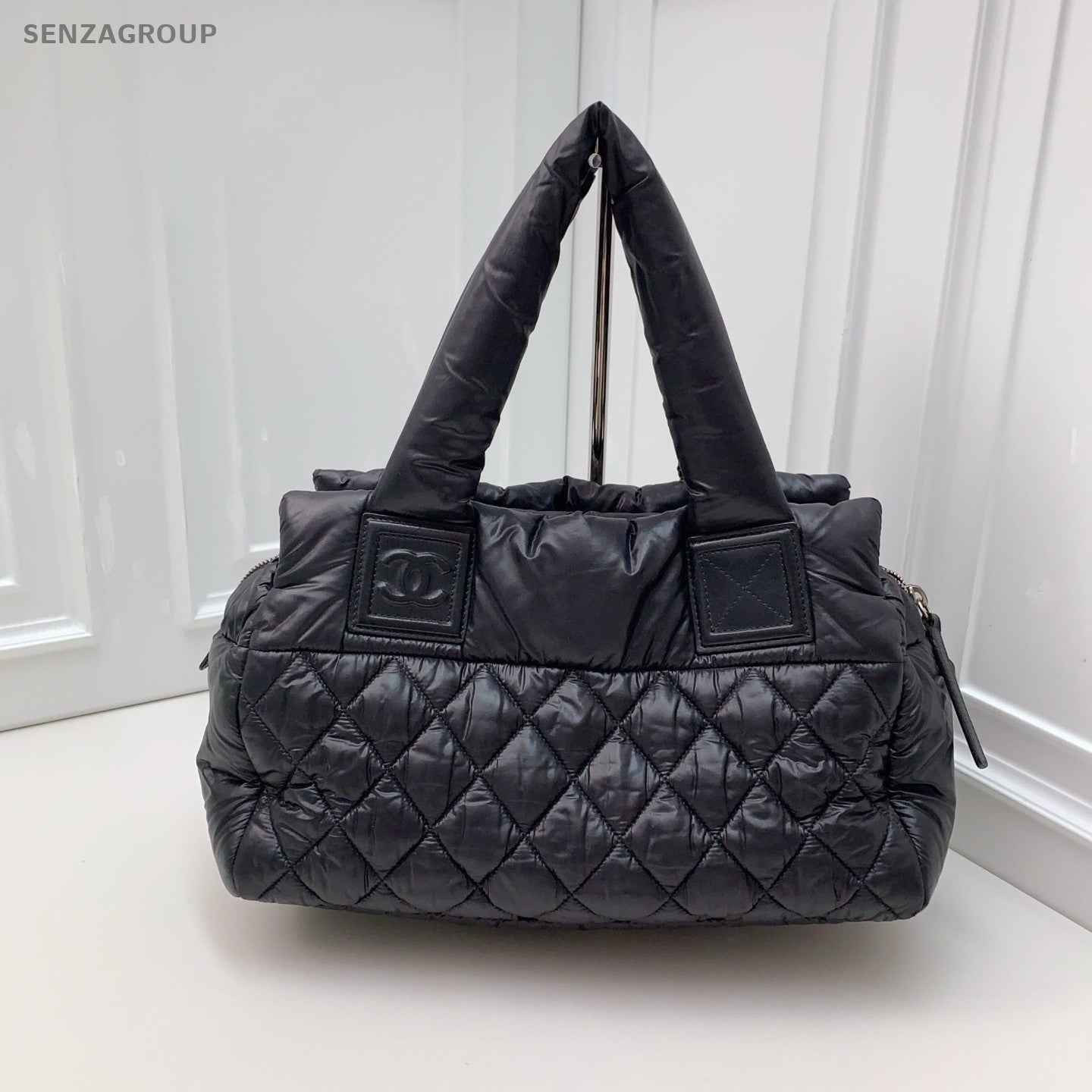 CHANEL Puffer Fabric Tote Pillow Shoulder Bag Black Women