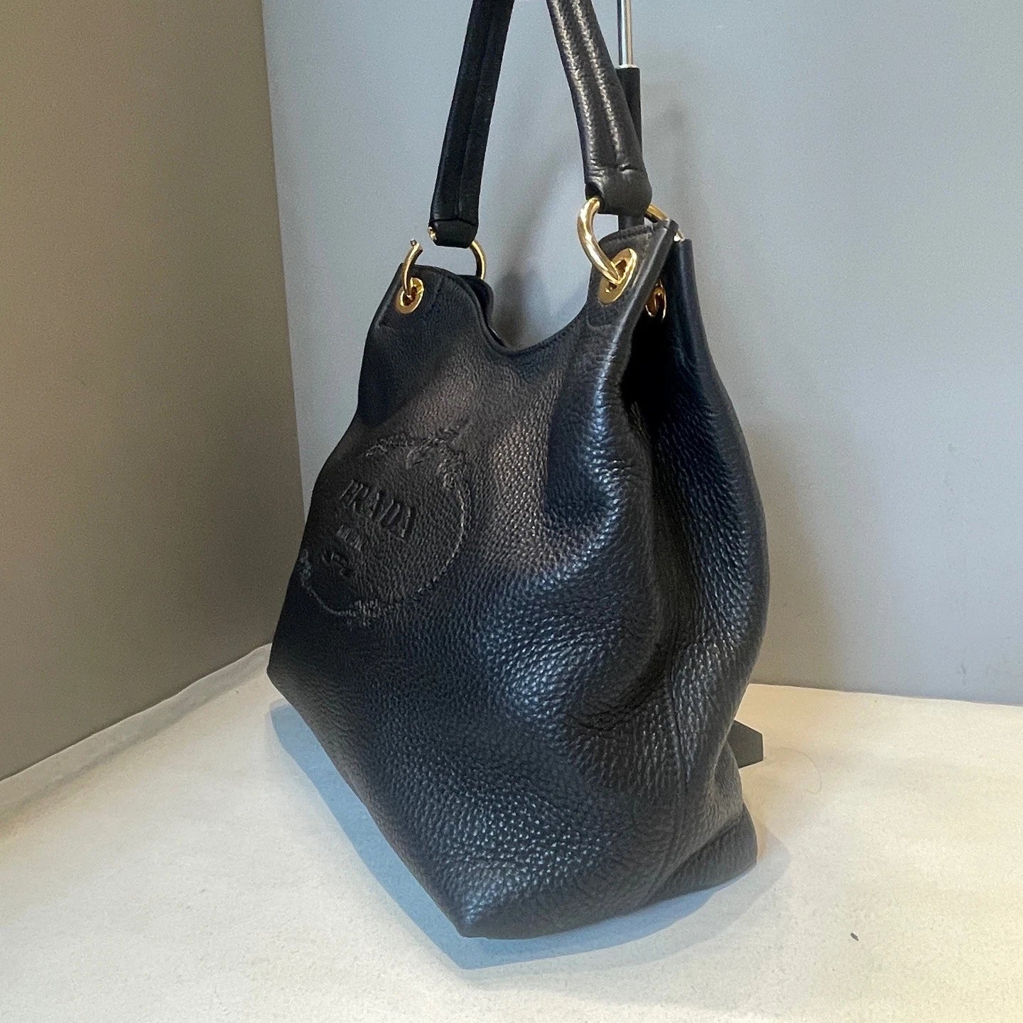 Prada Hobo Tote 2Way Top Handle Shoulder Bag Black Gold Used Women Classic