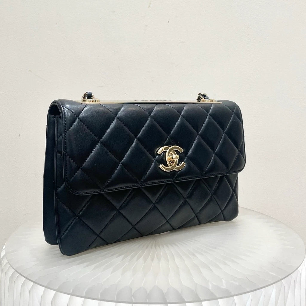 Chanel Trendy CC Lambskin Chain Shoulder Bag Black Gold Women Diamond Classic