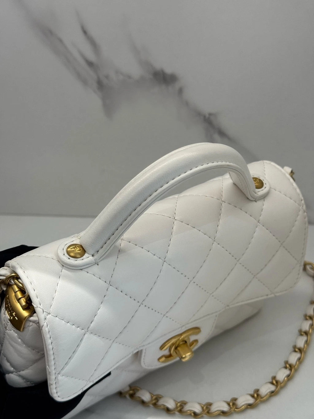 CHANEL Kelly Small Lambskin Flap Top Handle Bag White Gold Women
