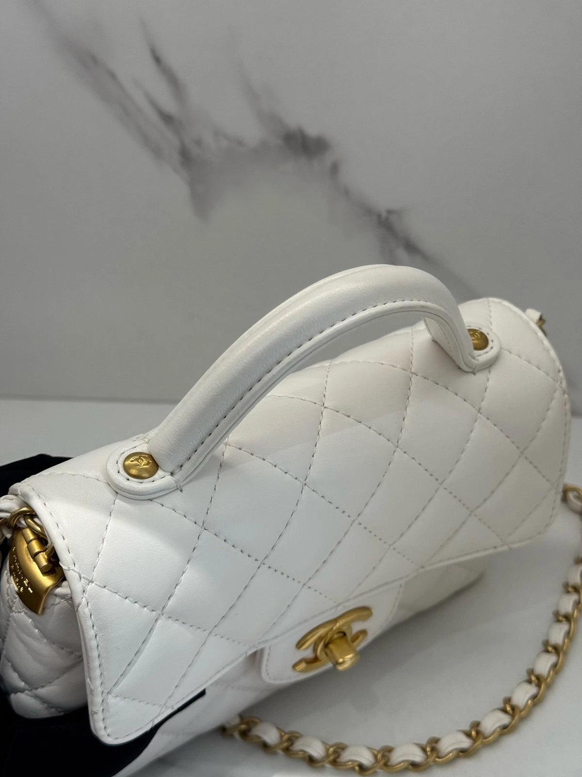 CHANEL Kelly Small Lambskin Flap Top Handle Bag White Gold Women