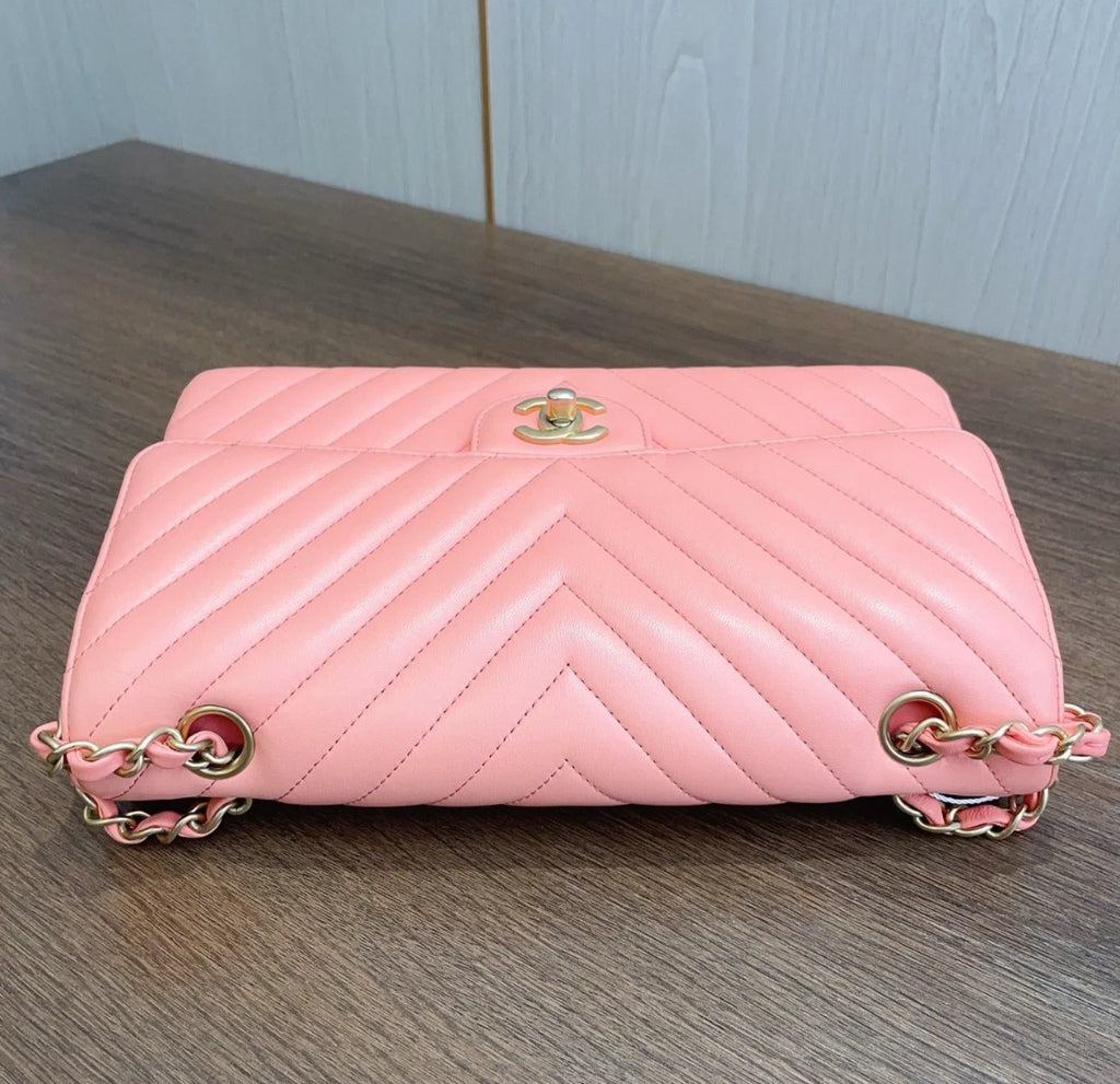 Chanel Classic Flap Chevron Calfskin Turn Lock Shoulder Bag Pink Women