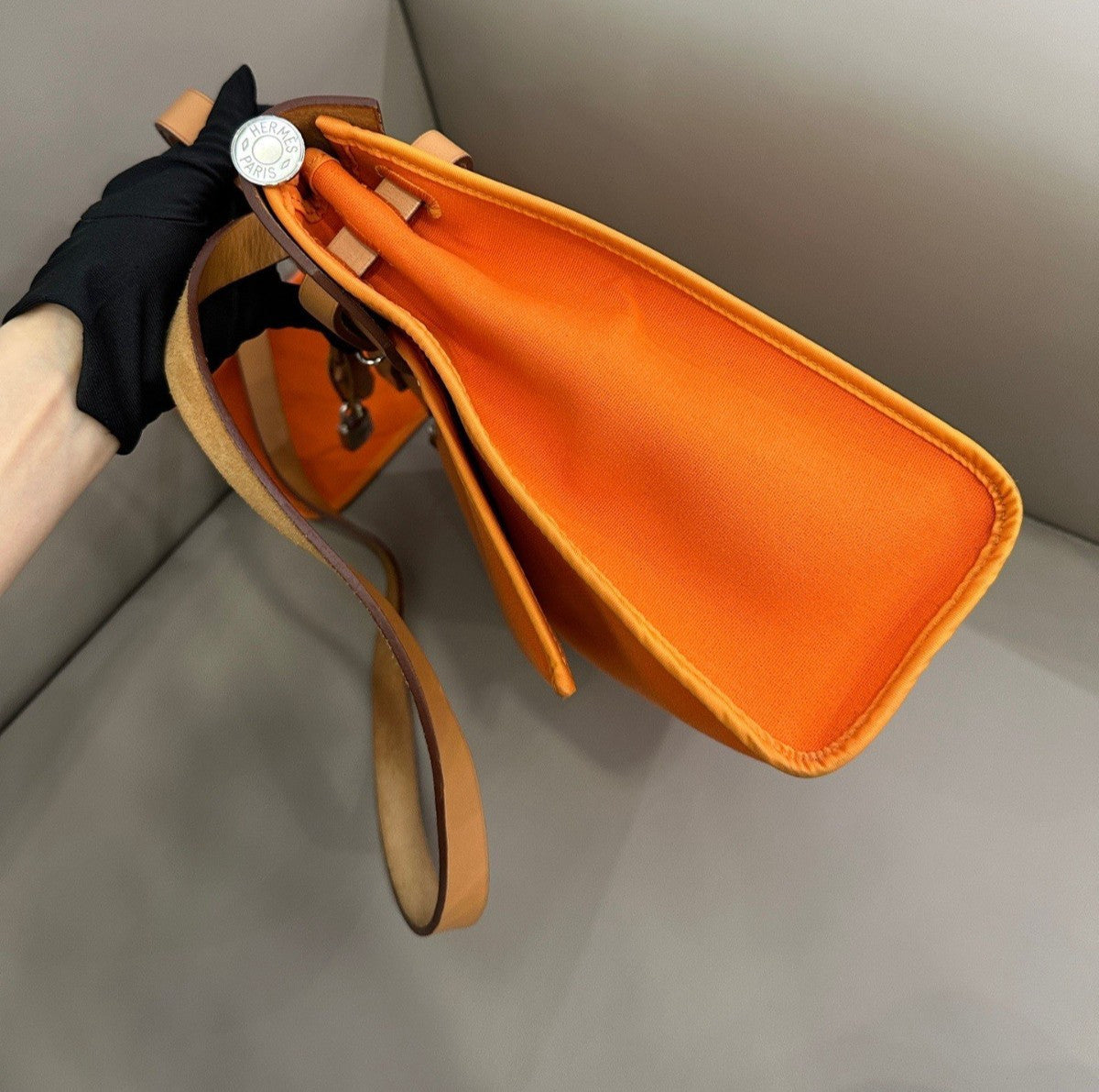 Hermes Herbag31 Top Handle Canvas 2way Shoulder Handbag Orange Silver