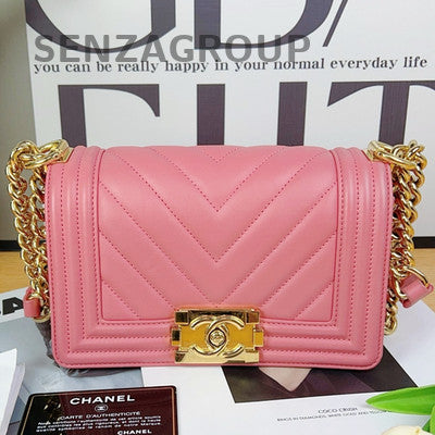 Chanel Le Boy Chevron Quilted Chain Shoulder Bag Pink Gold