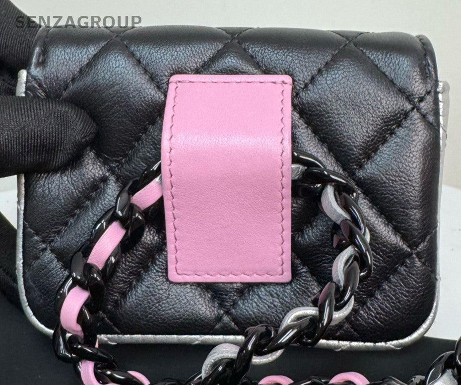 Chanel 23P Lambskin Chain Shoulder Bag Crossbody Pink Black Used Women Classic