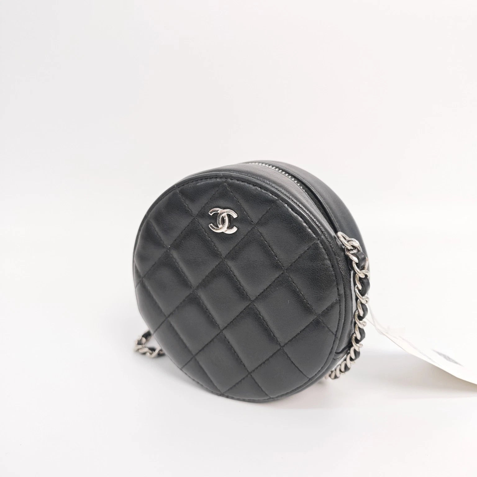 CHANEL Black Lambskin Silver Hardware Round Crossbody Bag Women