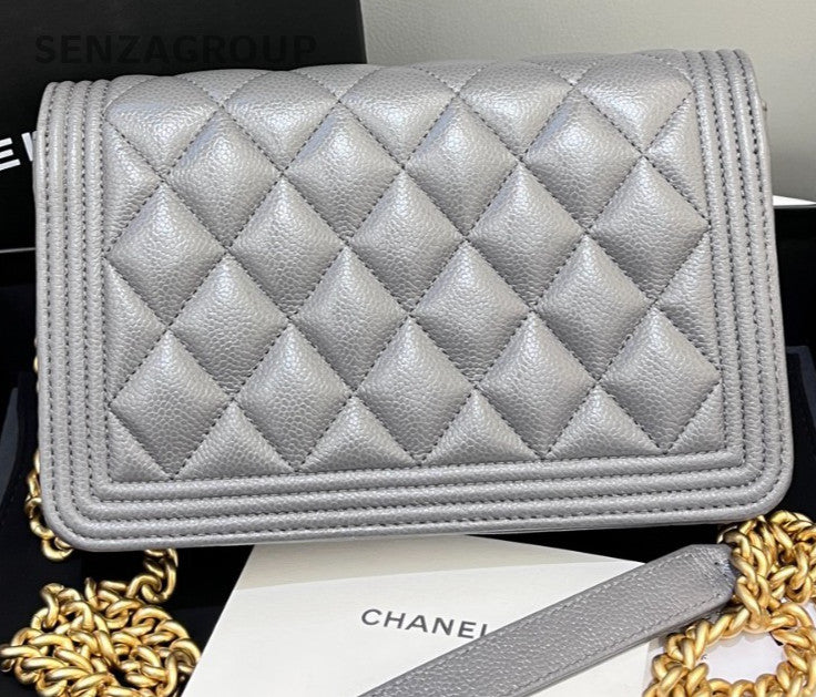 Chanel LEBOY WOC Diamond Chain Shoulder Bag Gray Gold Women Classic Designer