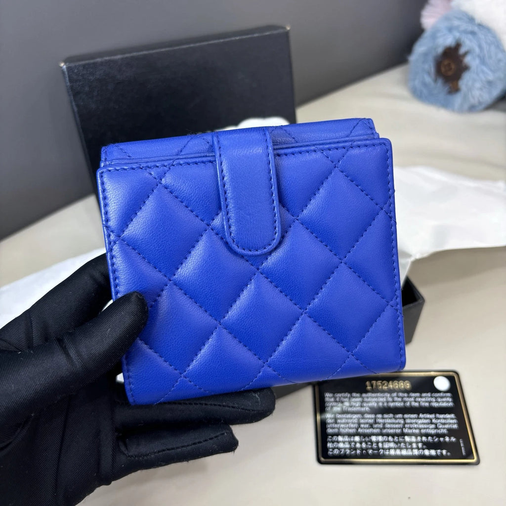 Chanel Lambskin Diamond Wallet Blue Silver Women Classic