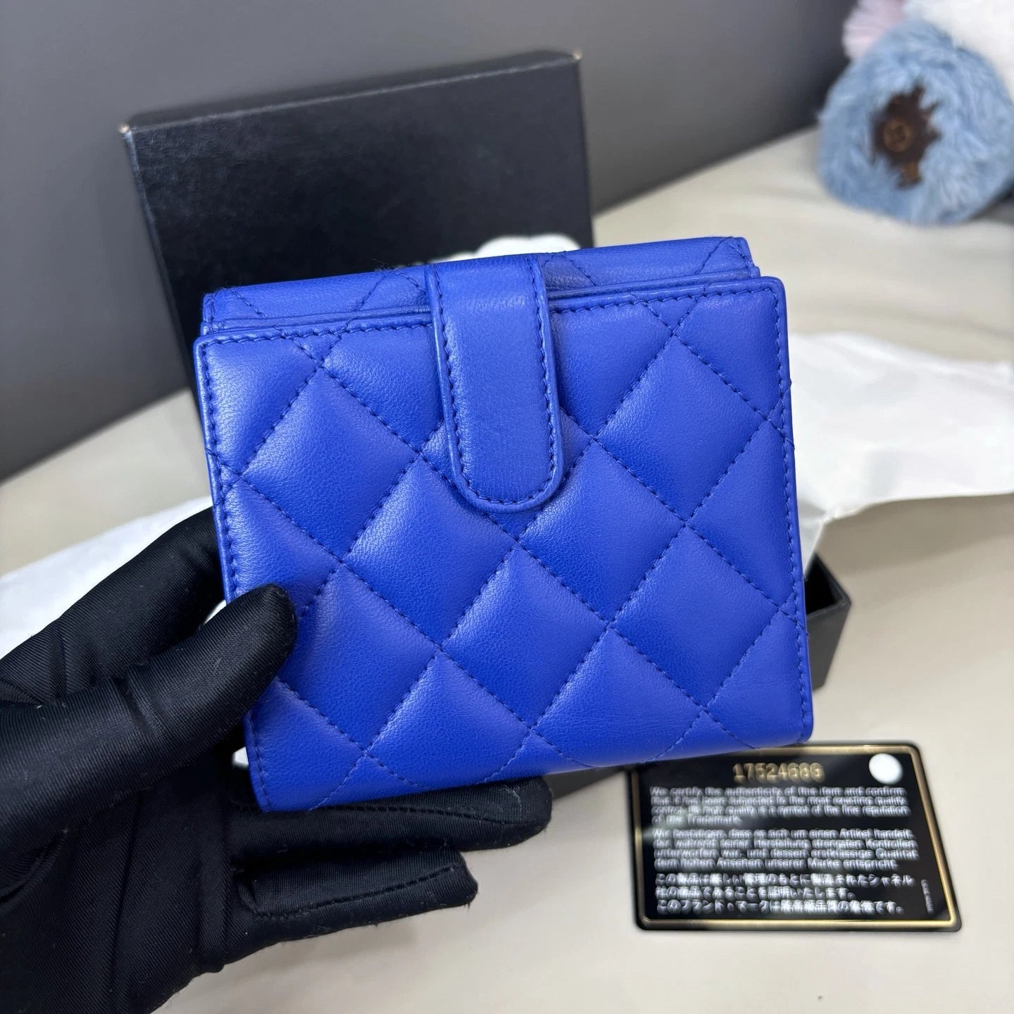 Chanel Lambskin Diamond Wallet Blue Silver Women Classic